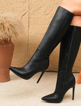 Botas altas hasta la rodilla negras de tacón de aguja de punta afilada, versátiles y casuales con cremallera lateral, Moda sexy de mujer Otoño/Invi - Shein - FashionsVida