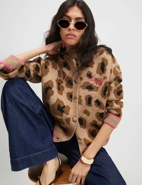 Animal Print Smiley Face Crew Neck Cardigan Beige Mix female - River Island - FashionsVida