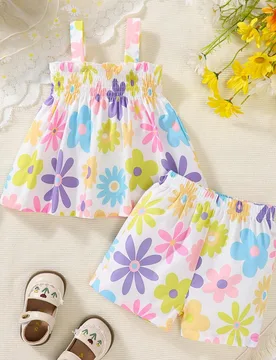 Set de 2 piezas con Top de tirantes y Shorts con estampado floral para niñas, conjunto de verano lindo y refrescante para vacaciones de niñas - Shein - FashionsVida