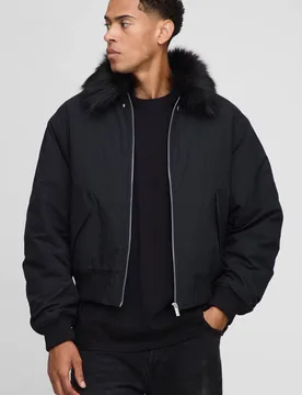 Men's Regular Fit Faux Fur Collar Nylon Bomber Jacket Black Size X-Small Black XS - boohooMAN - FashionsVida