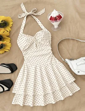 Vestidos para niñas y adolescentes con estampado de lunares, vestido mini amarillo sin espalda con lazo/dobladillo con volantes y doble capa/ Adecuad - Shein - FashionsVida