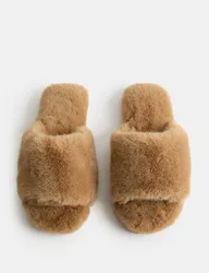 Faux Fur Open Toe Slider Slippers Sand female