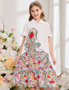 Vestido de verano elegante para niña preadolescente, estilo de verano, manga corta con volantes, vestido camisero con estampado floral, adecuado para
