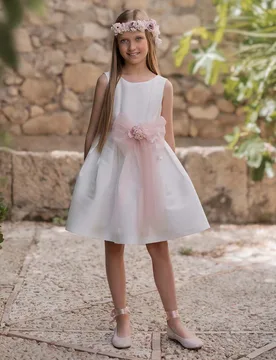 Abito avorio in tulle con gonna ampia fascia a fiori e maxi fiocco - Mimilù - FashionsVida