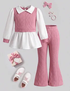 Conjunto de 2 piezas de punto estilo preppy para niñas, camisa blanca con cuello polo rosa y top con cintura ceñida, combinado con pantalones acampa - Shein - FashionsVida
