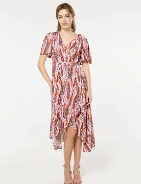 Women's Pink Paisley Wrap Midi Dress Size: 10 - Multicolor - Size: 10 - Liquorish - FashionsVida