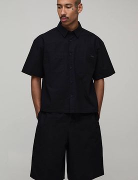 Herren Ripstop Übergroßes Kastenförmiges Cargo-Hemd & Fallschirm-Shorts Set Black Größe Medium