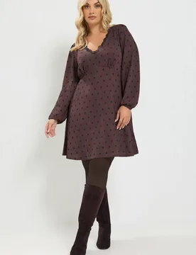 Women's Polka Dot Lace Trim Mini Dress in Chocolate Size: 30-32 - Chocolate - Size: 30-32 - Yours - FashionsVida
