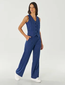 Pantaloni straight gessati blu chiaro e avorio con pinces in vita - Hlo! - FashionsVida