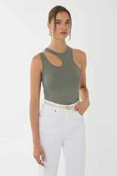 Womens Asymmetrical Collar Crop Top - Green - Size X-Large