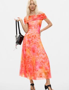 Robe longue en mesh, , Polyester, Rouge, XS
