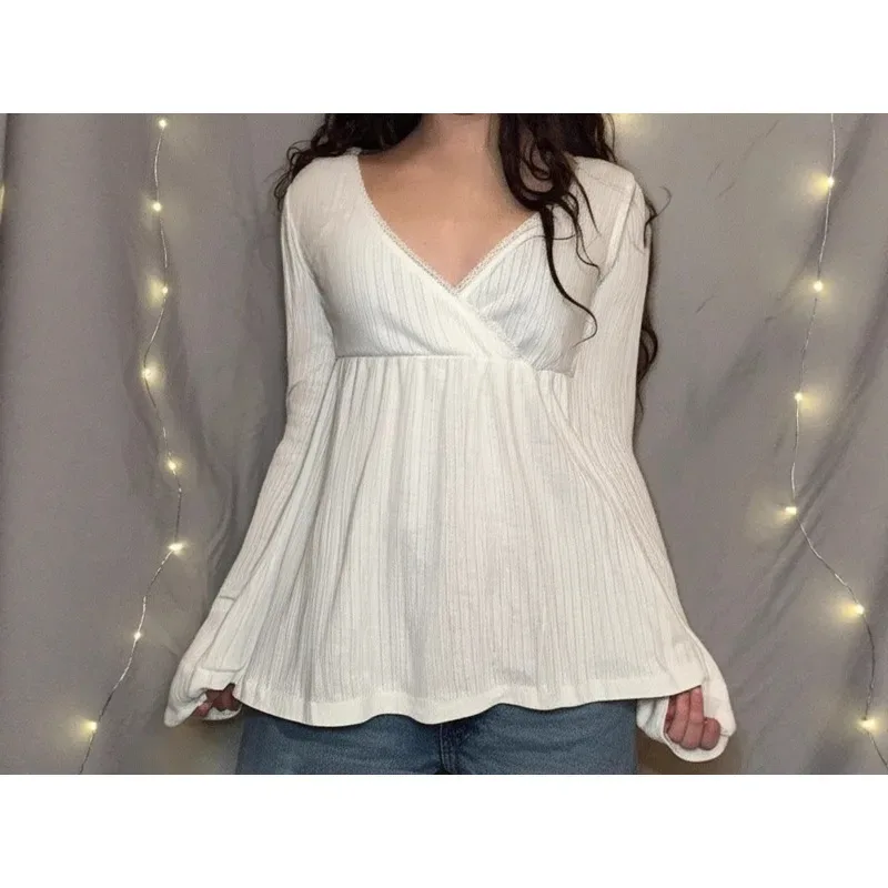Solid Color Basic High Waist A Pendulum Shows Thin V Neck Pure Lace Splicing Long Sleeve T-shirt Top - Aliexpress - FashionsVida