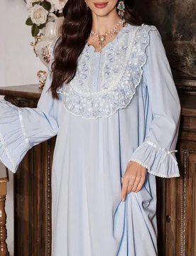 Camisón largo de mujer con bordado y encaje estilo palacio vintage, para invierno, Camisón tipo "Moo Moo" - Shein - FashionsVida