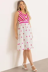 Embroidered Sleeveless Cotton Dress - White - Size: 18