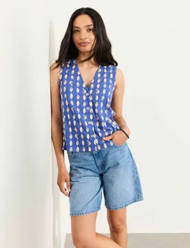 Cotton Modal Blend Printed V-Neck Blouse Blue Mix female - Fatface - FashionsVida