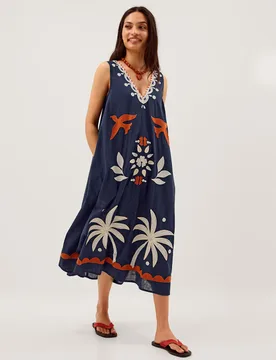 Pure Cotton Embroidered Midi Shift Dress Navy Mix female - Monsoon - FashionsVida