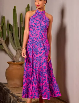 Women's Petite Printed Halter Neck Maxi Dress with Keyhole Back Detail in Pink Size: 18 - Pink - Size: 18 - Joe browns - FashionsVida