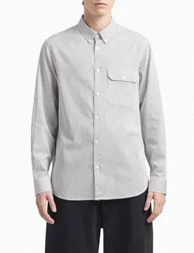 Camicia bastoncino bianca e blu con collo button down e taschino - Armani - FashionsVida