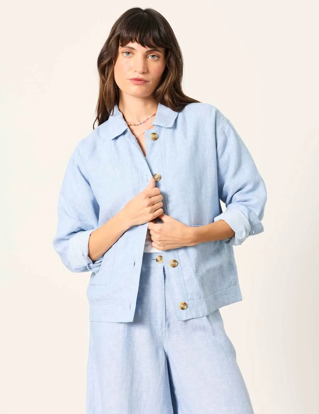 Pure Linen Lightweight Collared Jacket Blue female - Fatface - FashionsVida