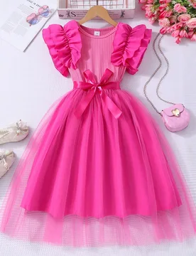Vestido de verano de princesa con mangas de volantes, cuello redondo de malla acanalada, para niñas preadolescentes, con cinturón, vestidos de fiest - Shein - FashionsVida