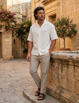 Camicia relaxed a maniche corte con misto lino - panna