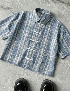 Camisa de manga corta con estampado de cuadros tejidos de color y estampado de agua con efecto arrugado falso, vacaciones, regalos del Día del Padre - Shein - FashionsVida
