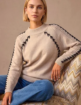 Women's Blanket Stitch Knit Jumper in Beige Size: 10 - Beige - Size: 10 - Roman - FashionsVida