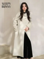 Elegant Wool Long Coat for Women Lady Winter Outerwear Soft Double-Faced Overcoat Wide Lapel Warm Minimalist Daily Classic Style