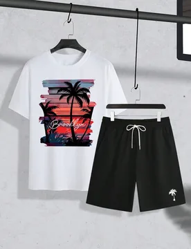 Conjunto de camisetas talla grande para hombre, con estampado de atardecer y palmeras - Shein - FashionsVida