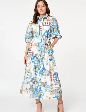 Women's Printed 1/2 Puff Sleeve Shirt Midi Dress in White Size: 14 - White - Size: 14 - Izabel London - FashionsVida