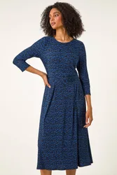 Abstract Stretch Ruched Dress - Blue - Size: 12