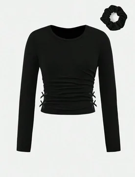 Camiseta de punto negra con diseño fruncido y coletero para niña preadolescente, estilos versátiles y cómodos de moda casual para otoño e inviern - Shein - FashionsVida