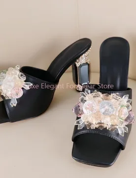 Black Faux Leather Colored Crystal Square Toe Slippers Women Slip On Gem Block Heel Sandals Luxury Fashion Party Banquet Shoes - Aliexpress - FashionsVida