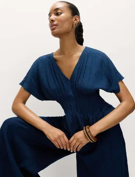 Linen Rich V-Neck Waisted Top Dark Indigo female - M&S - FashionsVida