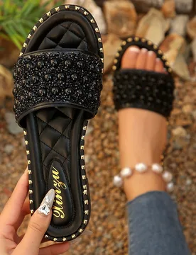 Sandalias planas de lujo y moda para mujer, con decoración de perlas y rhinestones, punta redonda, múltiples colores, calzado cómodo, adecuado para - Shein - FashionsVida