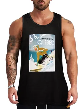 Vintage ski poster, woman skiing in Quebec Tank Top Vacation Tank Top Casual Sleeveless Beach Wear Shirt - Aliexpress - FashionsVida
