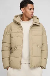 Mens Regular Fit Curved Panel Padded Puffer Jacket - Beige Nylon - Size X-Small