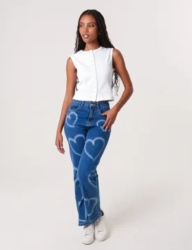 Womens Spray Heart Detail Jeans - Blue - Size 12 Uk - Pink Vanilla - FashionsVida