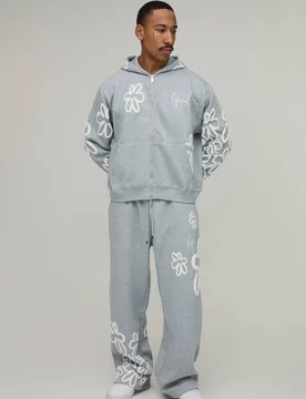 Men's Oversized Boxy Floral Puff Print Zip Through Tracksuit Grey Marl Size Large Grey Marl L - boohooMAN - FashionsVida