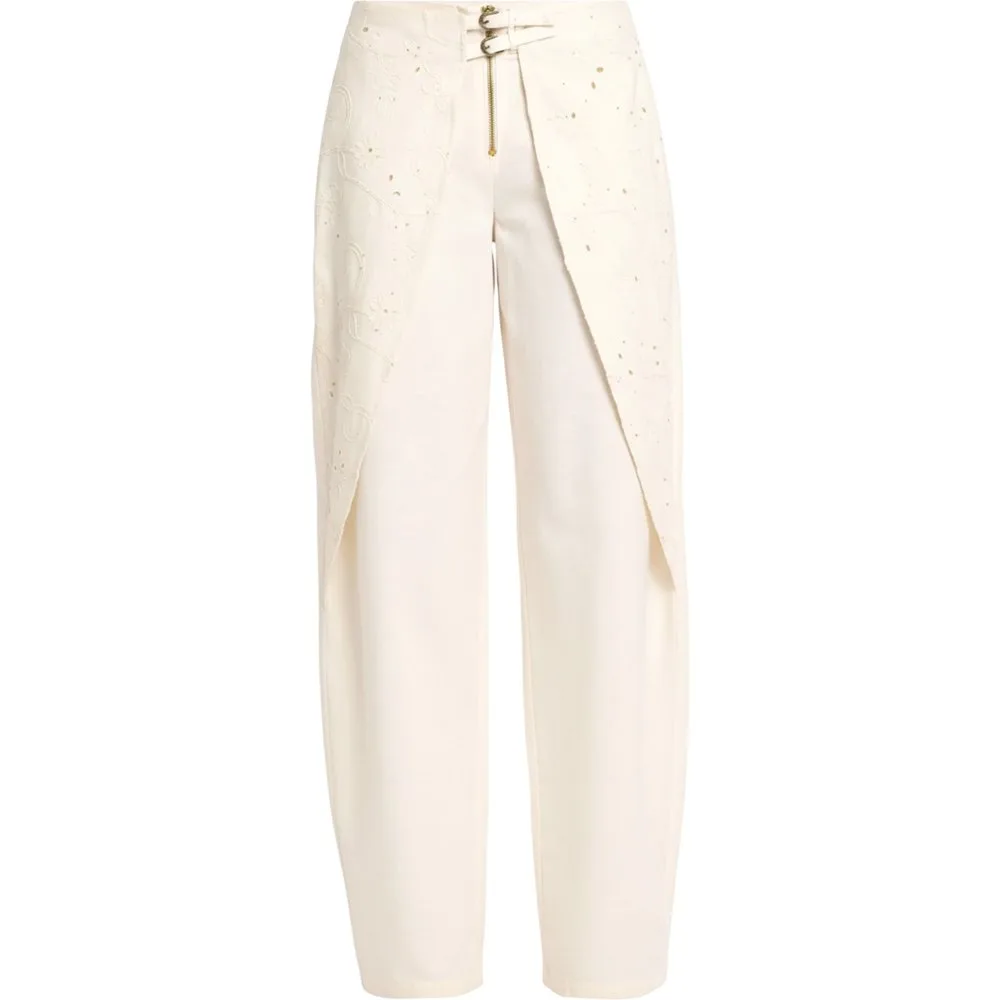 Pantalón recto de mujer con sobrefalda bordada y hebillas - The-Are - FashionsVida