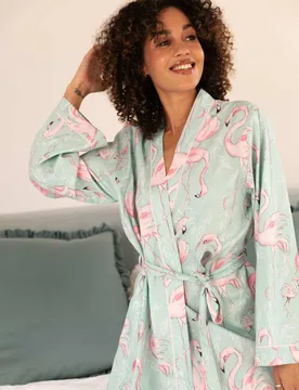 Cotton Modal Flamingo Short Dressing Gown Mint female - Watchshop - FashionsVida