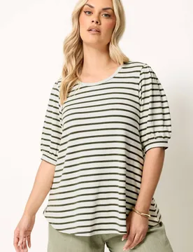 Women's Stripe Knitted Puff Sleeve Top in Off White Size: 22-24 - Off White - Size: 22-24 - Yours - FashionsVida