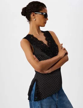 Polka Dot Print V-Neck Lace Detail Top Black Mix female - Whistles - FashionsVida