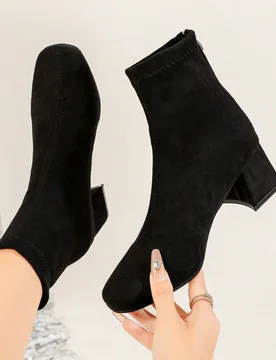Botas para mujer, tacón grueso, para fiesta&reunión, estilo minimalista elegante, tacón alto con punta cuadrada, textura de ante, botas de tobillo - Shein - FashionsVida