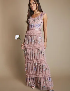 Women's Embroidered Mesh Ruffle Pleat Maxi Bridesmaid Dress in Antique Rose Size: 10 - Antique Rose - Size: 10 - Coast - FashionsVida