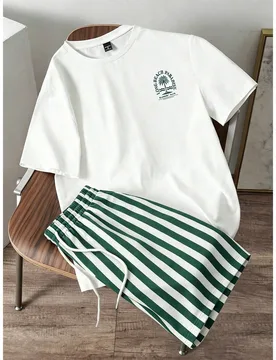 Conjunto de camiseta casual de vacaciones para hombre con estampado de rayas y palmeras de coco de estilo minimalista - Shein - FashionsVida