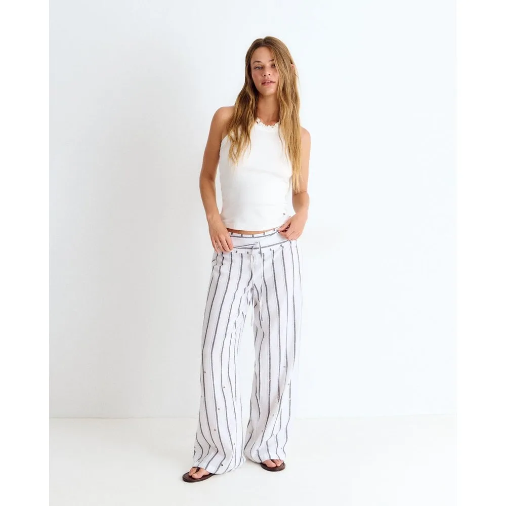Pantalón largo de mujer de rayas con eyelets - Brownie - FashionsVida