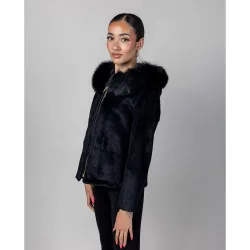 Chaqueta de mujer de pelo de rex rasado con capucha