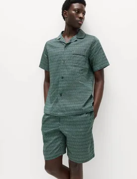Pure Cotton Geometric Print Pyjama Set Teal Mix male - M&S - FashionsVida