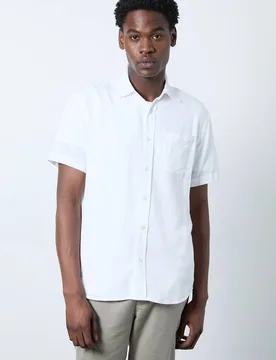 Men's White Linen Blend Short Sleeve Shirt Size: Small - White - Size: S - Burton - FashionsVida